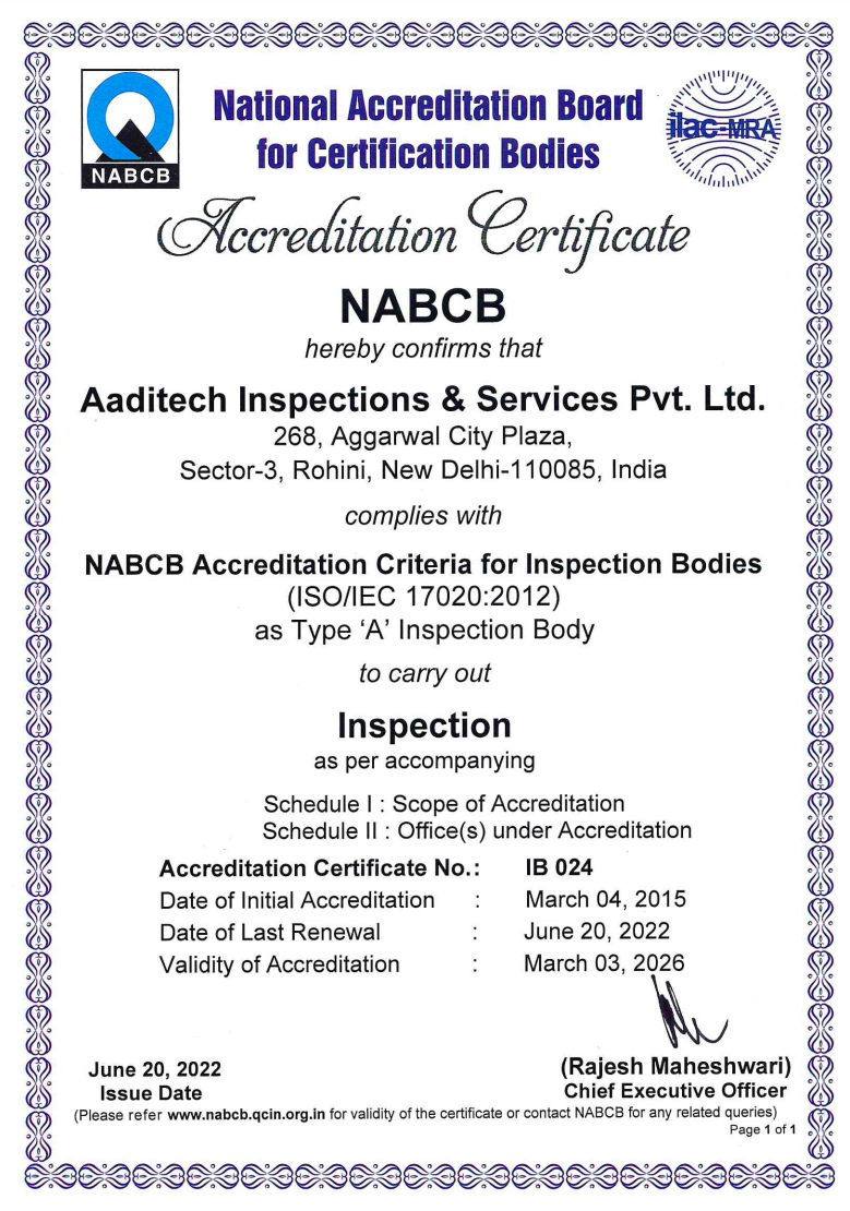 NABCB Accredited Type A Inspection Body certificate